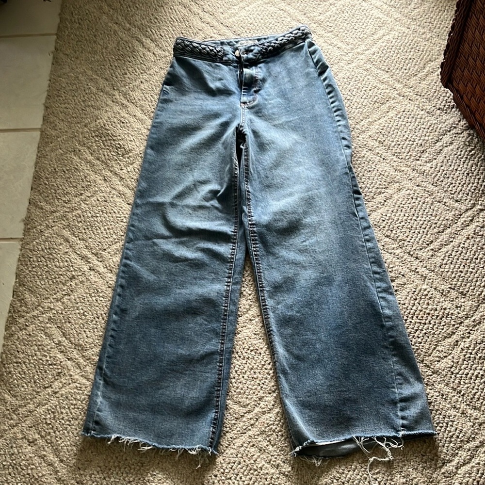 OAT NY  wide leg high rise medium wash raw hem jeans 4